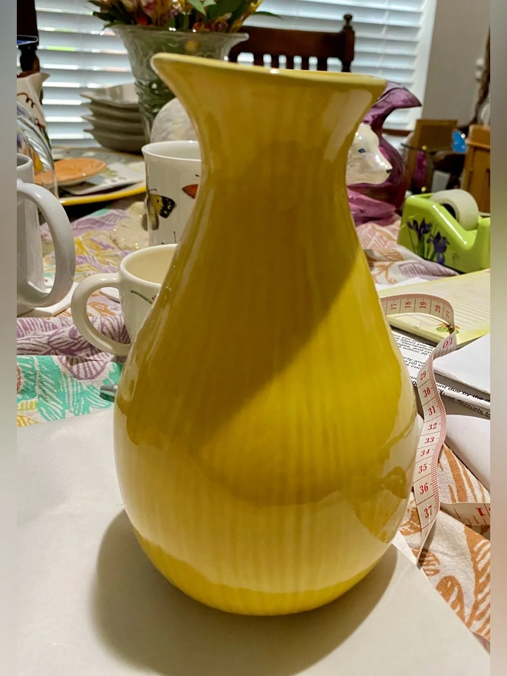 Crate & Barrels Barbara Eigen Yellow Contemporary Ribbed Vase. asymmetrical Top.